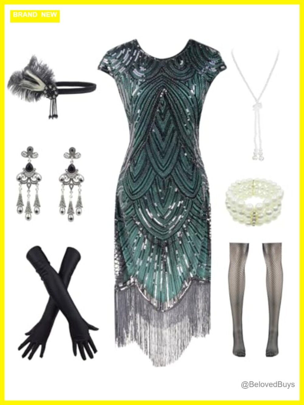 Vintage Lace Fringed Gatsby 1920s Cocktail Dress with 20s Accessories Set